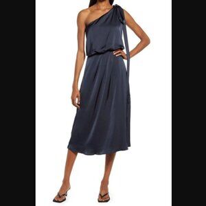 Amy Lynn One-Shoulder Satin Dress Navy‎ Blue L
